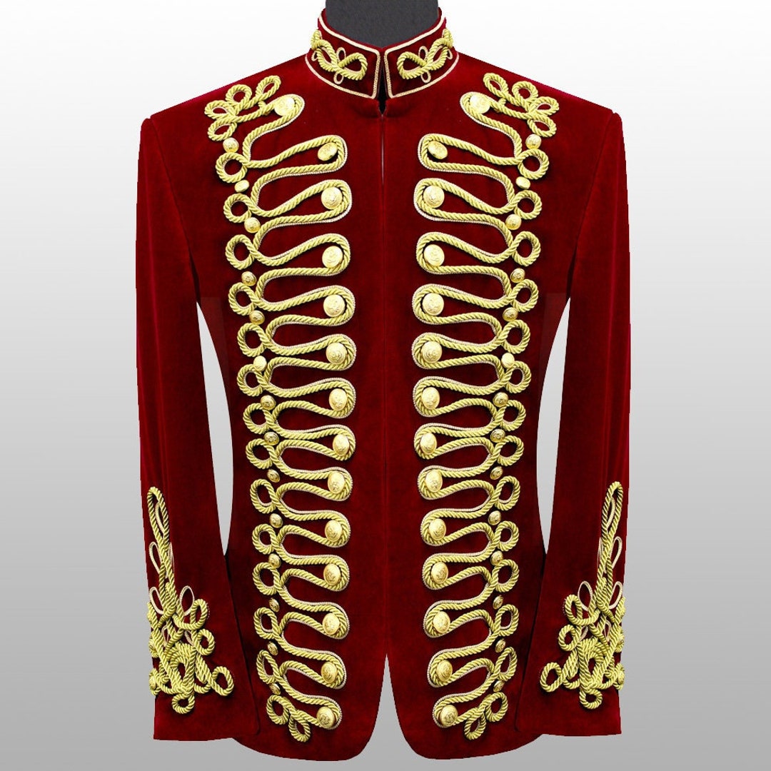 Men Braided Red Velvet Jacket Military Gold Braided Jacket Etsy