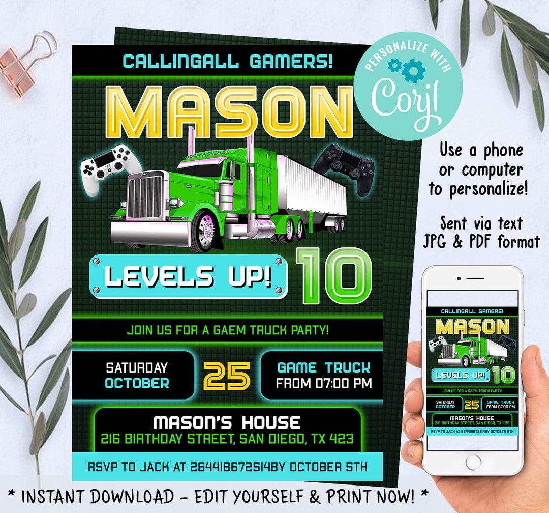 Video Game Truck Birthday Invitation gamer Party Invitation Etsy
