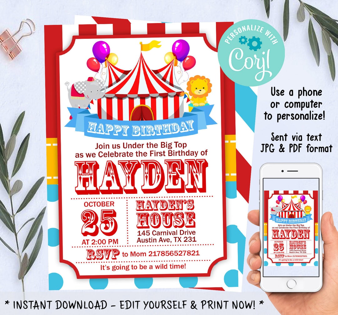 Circus Birthday Party Invitations Big Top Carnival Elephant Etsy