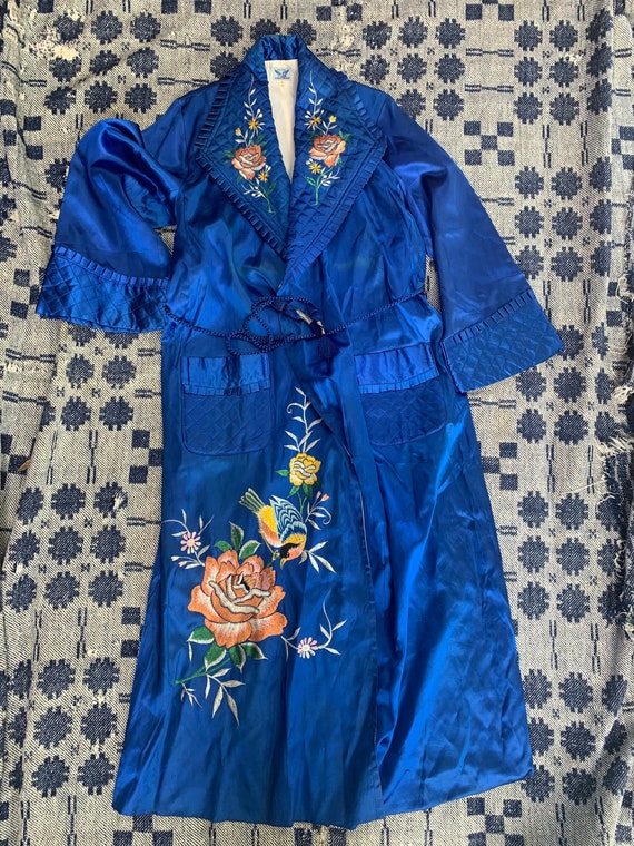 1950s Blue Satin Japanese Smoking Robe