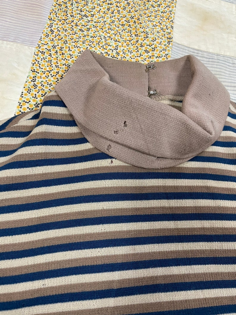 Vintage M 1960s Striped Knit Mock Neck Fitted Dress Earth Tones