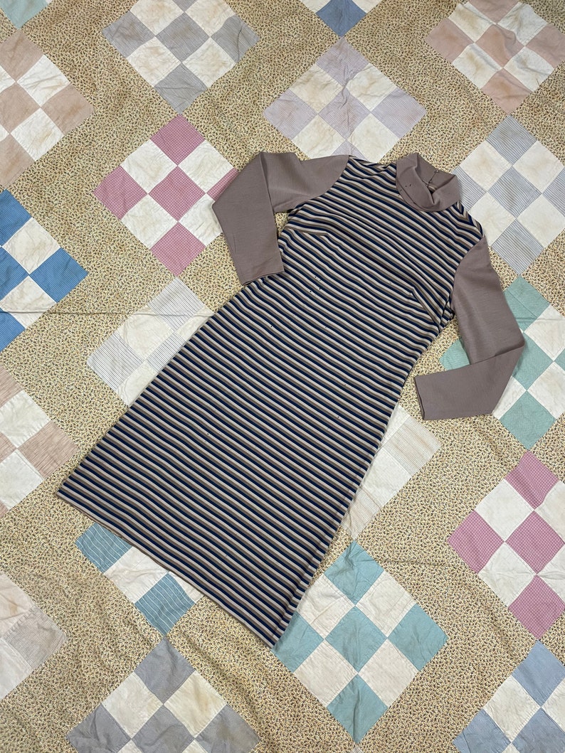 Vintage M 1960s Striped Knit Mock Neck Fitted Dress Earth Tones