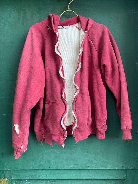 1970s Thrashed Thermal Lined Raglan Hoodie Size M