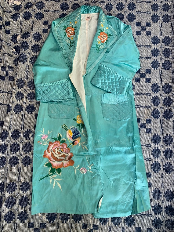 1950s Teal Satin Japanese Smoking Robe