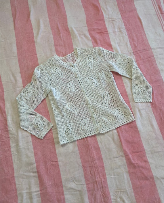 Vintage S White Crochet Doily Cardigan Handmade