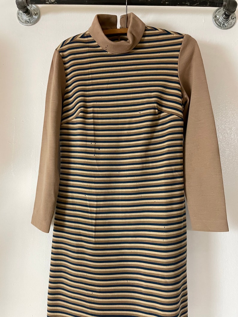 Vintage M 1960s Striped Knit Mock Neck Fitted Dress Earth Tones