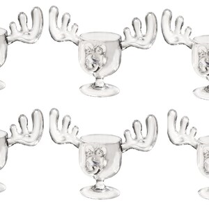 May include: Set of six clear glass moose head mugs with antlers. Each mug features a moose face with a detailed nose and eyes.