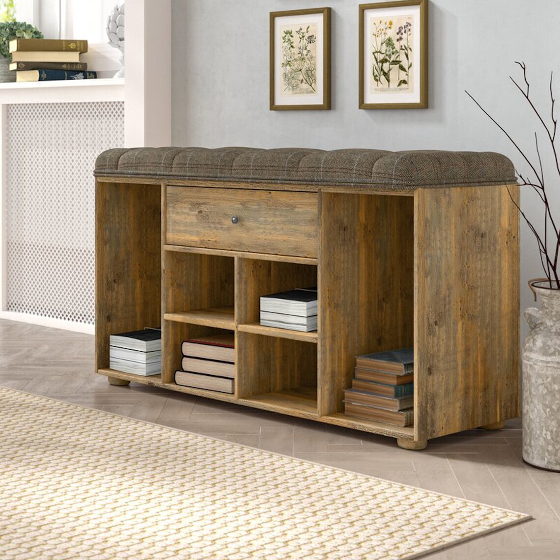 Rustic Contemporary Solid Wood Shoe Storage Bench Upholstered Etsy