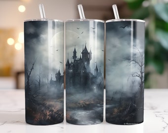Diseños de vasos de sublimación de Halloween: Envoltura de vaso de castillo encantado / Vasos de Halloween / Sublimación / Diseños de vasos / Sublimación espeluznante