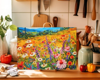 May include: A colorful painting of a field of wildflowers in a landscape setting. The flowers are in shades of pink, purple, yellow, and white. The background is a blue sky with green hills.