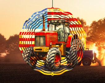 May include: A red and yellow tractor with large tires, set against a sunset backdrop. The tractor is stylized with an American flag design. The image evokes themes of farming, agriculture, and patriotism.