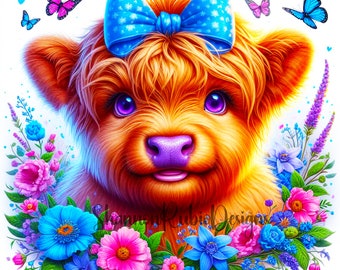 Highland Cow Clipart | Highland Cow Floral | Highland Cow PNG jpg  | Print Tags | Highland Cow | Highland Cow Illustration Print PNG Design