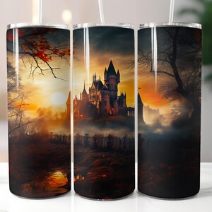 Halloween Tumbler Wrap: Haunted House Halloween Tumbler Wrap | Halloween Tumbler Sublimation PNG | Seamless Skinny Tumbler Wrap