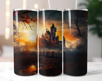 Envoltura de vaso de Halloween: Envoltura de vaso de Halloween de la casa encantada / Sublimación de vaso de Halloween PNG / Envoltura de vaso flaco sin costuras