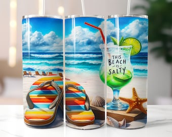 Beach Tumbler Sublimation Design | Seamless 20 oz Skinny Tumbler Wrap| Summer Sublimation Tumbler Design | Salty Beach PNG | Beach Tumbler