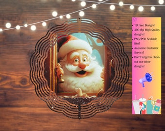 May include: A festive illustration of Santa Claus peeking through a window, framed by a decorative border. Santa is smiling, wearing a red hat and holding a bell. The image includes text: "10 Free Designs!", "300 dpi High Quality designs!", "PNG/PSD Scalable files!", "Awesome Customer Service!", and "Don't forget to check out our other designs!"
