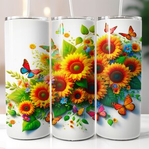 Butterfly Sunflower Tumbler Wrap | Seamless Skinny Sublimation Tumbler Design | Butterfly Sublimation Design Png | Spring Floral Tumbler Png