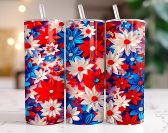 Può includere: Tre bicchieri in acciaio inossidabile con coperchi e cannucce. I bicchieri sono decorati con un motivo floreale rosso, bianco e blu.