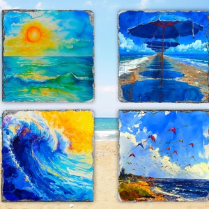 May include: Set of four square coasters featuring watercolor paintings of seascapes. The first coaster depicts a bright yellow sun setting over a blue ocean with white clouds. The second coaster shows a row of blue umbrellas on a sandy beach with a blue sky and white clouds. The third coaster features a large blue wave crashing in the ocean with yellow and white foam. The fourth coaster shows a blue sky with white clouds and a beach with a row of colorful kites flying in the air.