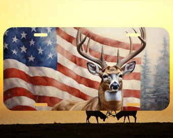 Hirsch Jagd amerikanische Flagge Nummernschild | Patriotisches Sublimationsdesign | Hirsch Jagd Nummernschild PNG | Auto Nummernschild Png