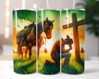 Cowboy Kneeling At Cross Tumbler Wrap | Cowboy Skinny Tumbler Sublimation Design | Christian Tumbler Wrap png | Kneeling Praying Cowboy png
