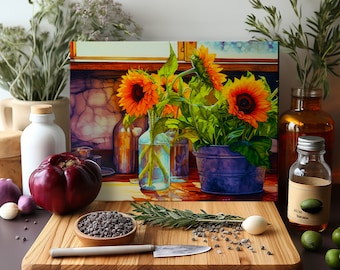 Sunflowers Cutting Board Sublimation Design | Sunflower Kitchen Glass Cutting Board PNG | Cutting Board PNG | Sublimation Cutting Board