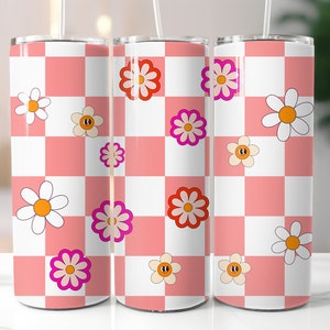Retro Skinny Tumbler Sublimation Designs: Tumbler Sublimation Wrap Design | 20 Oz Skinny Tumbler Wrap | Pink Checkered Sublimation Wrap