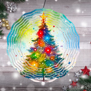 May include: A colorful Christmas tree decoration with a star on top, surrounded by a wavy, circular frame. The tree is adorned with red and blue lights. Festive greenery and ornaments complete the holiday scene.