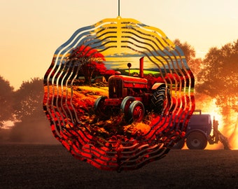 May include: A red metal wind spinner with a circular design featuring a vintage tractor in a field with fall foliage. The spinner has multiple layers of metal that create a swirling effect.