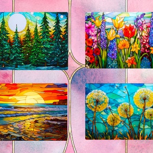 May include: A collection of eight stained glass art pieces featuring various nature scenes. The scenes include a winter forest, a spring meadow, a sunset over the ocean, a dolphin jumping in the ocean, a field of dandelions, a cardinal on a branch, and a pair of horses running on a beach.
