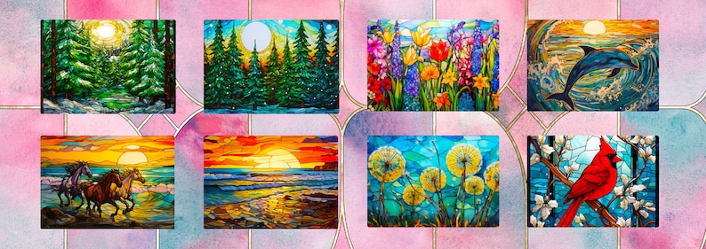 May include: A collection of eight stained glass art pieces featuring various nature scenes. The scenes include a winter forest, a spring meadow, a sunset over the ocean, a dolphin jumping in the ocean, a field of dandelions, a cardinal on a branch, and a pair of horses running on a beach.