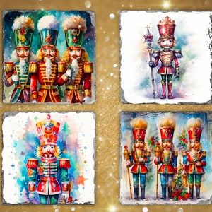 May include: Four watercolor paintings of nutcracker soldiers. The first painting shows three nutcracker soldiers in red, blue, and green uniforms. The second painting shows a single nutcracker soldier in a red and gold uniform. The third painting shows a single nutcracker soldier in a red and gold uniform. The fourth painting shows three nutcracker soldiers in red, blue, and green uniforms.