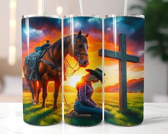 Cowgirl Kneeling At Cross Tumbler Wrap | Cowgirl Skinny Tumbler Sublimation Design | Christian Tumbler png | Kneeling Praying Cowgirl png