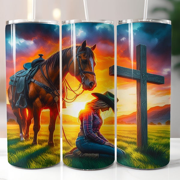 Cowgirl Kneeling At Cross Tumbler Wrap | Cowgirl Skinny Tumbler Sublimation Design | Christian Tumbler png | Kneeling Praying Cowgirl png