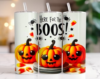 Papier pour verres d'Halloween : Papier pour verres skinny sans couture Here For The Boos | Gobelet d'Halloween PNG | Gobelet citrouille PNG | Gobelet d'Halloween