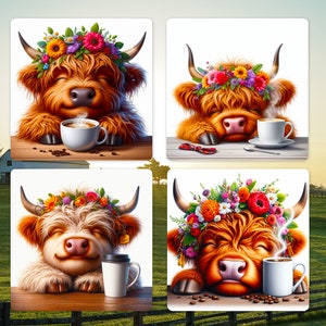Dessous de verre carré vache Highland PNG | Image PNG de sous-bock carré vache | Sous-bock carré amateur de café | Cartes imprimables Vache Highland | Cowgirl PNG