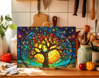 May include: A colorful stained glass tree of life art print with a rainbow of colors and a yellow sun in the background. The tree is surrounded by stars and flowers.