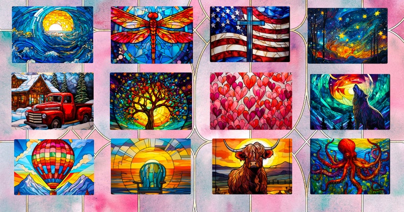 May include: A collage of 12 stained glass style images. The images include a sunset over the ocean, a dragonfly, an American flag with a cross, a starry night sky, a red truck in a snowy scene, a tree with a sun behind it, a pattern of hearts, a wolf howling at the moon, a hot air balloon, a sunset with a chair, a Highland cow, and an octopus.