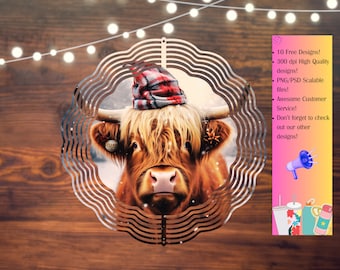 May include: A decorative metal cutout featuring a Highland cow wearing a plaid hat. The cow has long, shaggy brown fur and is set against a snowy background. Text on the right side lists design features and customer service information.