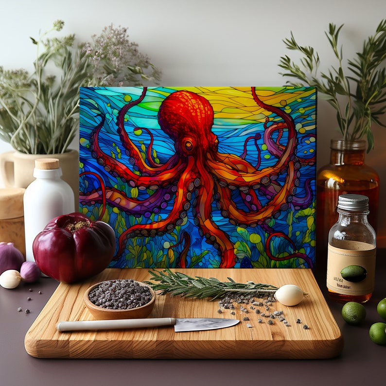May include: A stained glass style illustration of an octopus with red, orange, purple, and blue tentacles. The octopus is swimming in a blue and green ocean with bubbles. The background is a yellow and orange sunset.