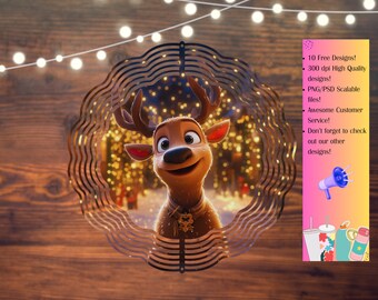 May include: A metal wind spinner with a cartoon reindeer design. The reindeer is smiling and looking to the right. The wind spinner is surrounded by a circle of metal rings. The background is a blurry image of Christmas lights.