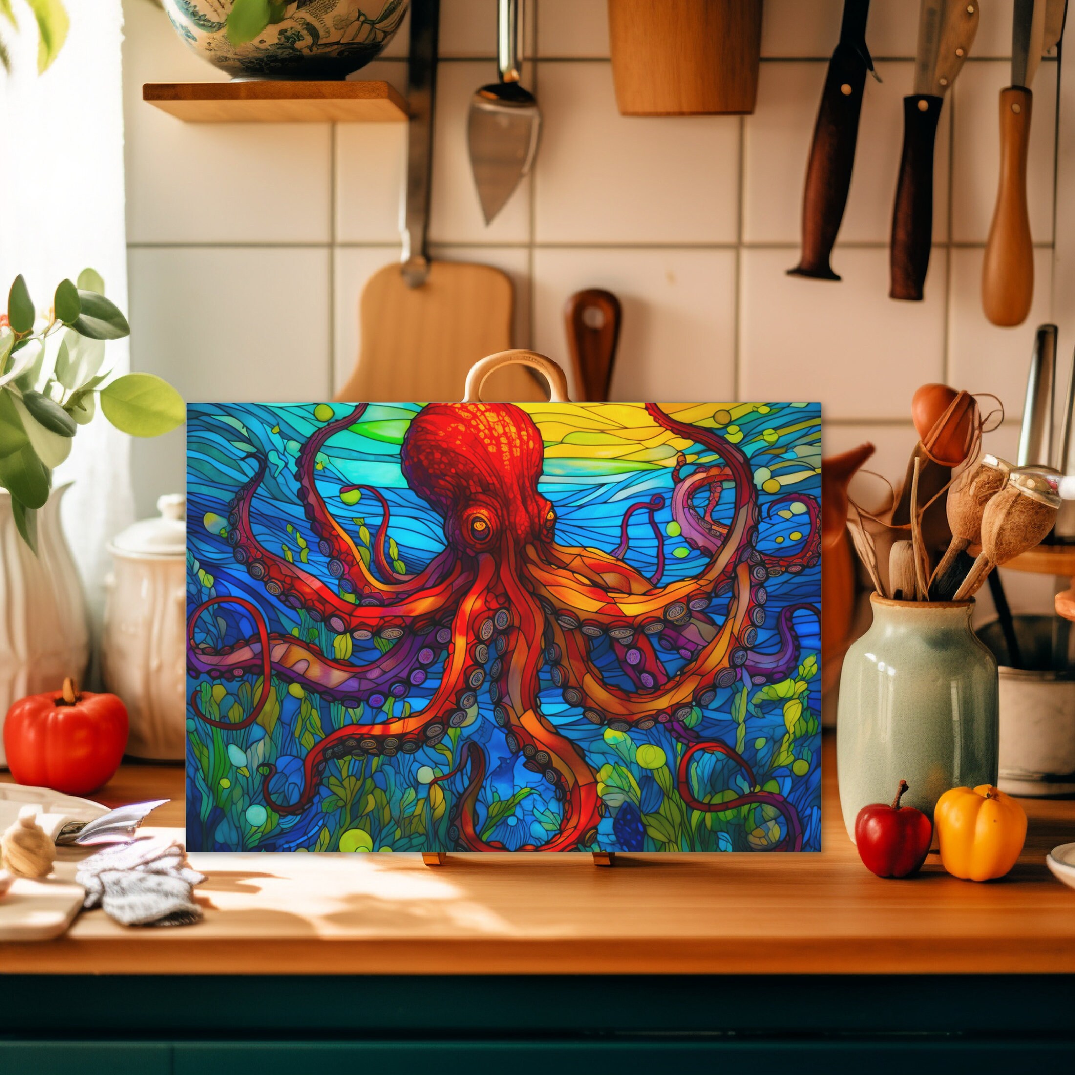 Cutting Board Sublimation Design | Octopus Stained Glass Cutting Board PNG | Cutting Board PNG | Sublimation Cutting Board Design| Octopus