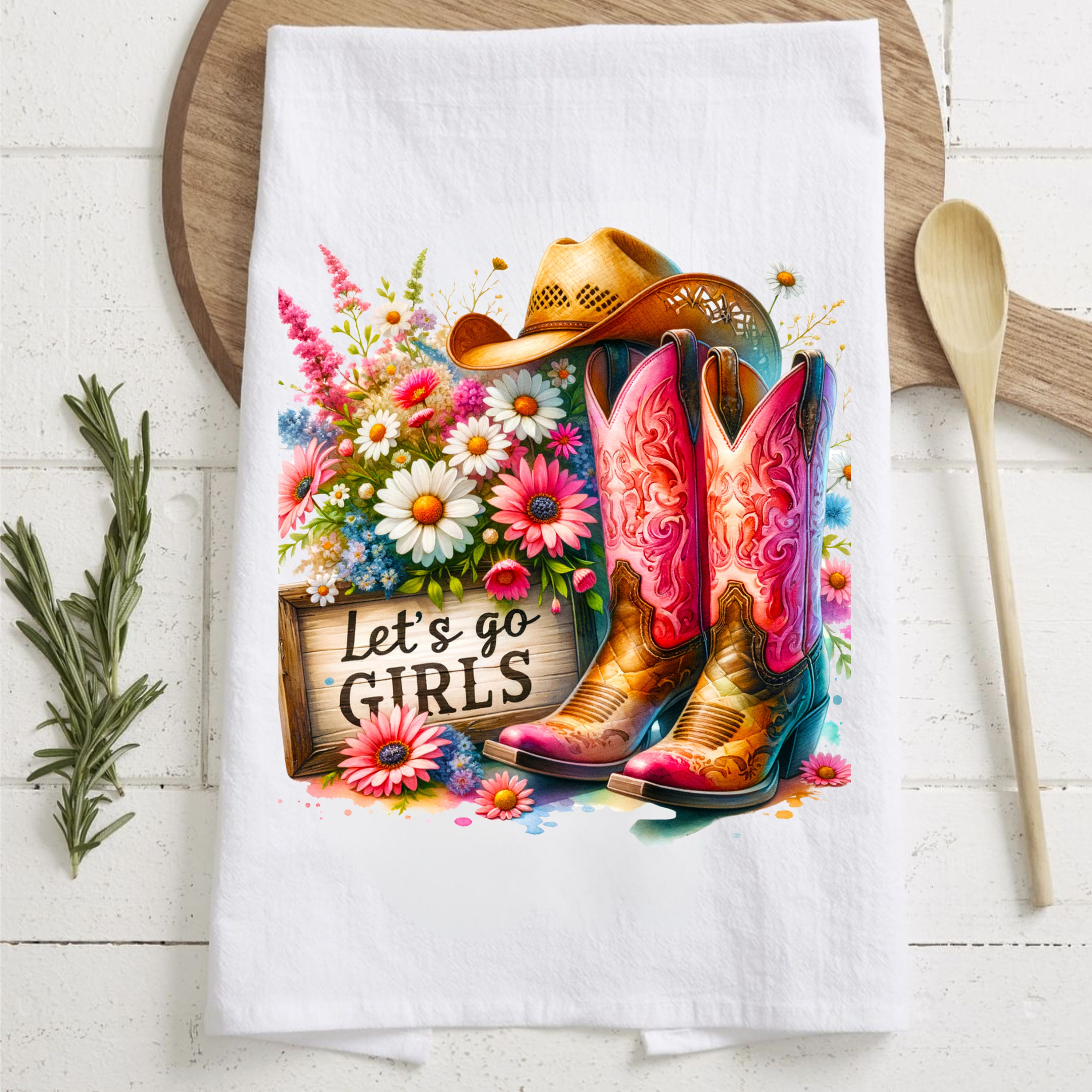 Kitchen Towel Sublimation Designs | Cowboy Tea Towel Sublimation Designs | Cowgirl Tea Towels | Cowboy Boots Kitchen Towel | Lets Go Girls