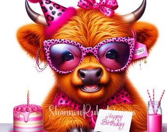 Highland Kuh Geburtstag Clipart | Highland Kuh Geburtstag | Hochland Kuh PNG jpg | Druck POD Anhänger | Schottische Kuh | Highland Kuh Druck PNG Design