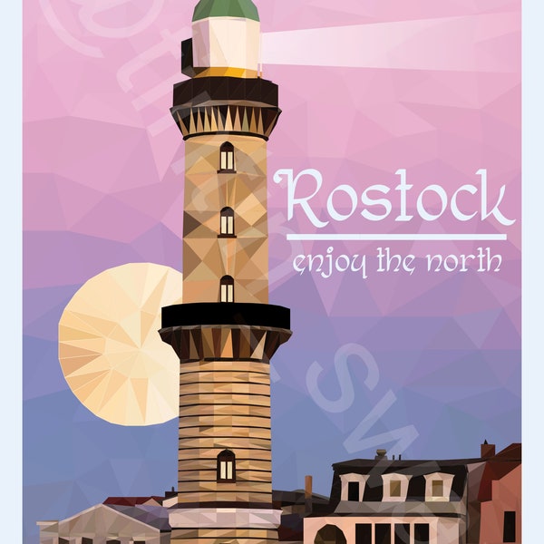 5x Designpostkarte Rostock Leuchtturm