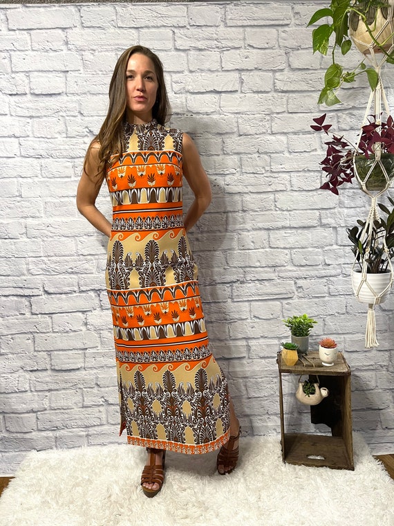 60’s Mock Neck Maxi Dress with Abstract Print