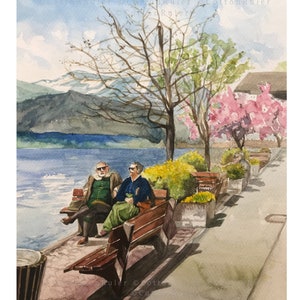 Austria Hallstatt Artwork | Europe Spring Landscape Poster | Old Couple Lovers | Salzkammergut Moutntain | Lake Side | Flower Tree | Wallart