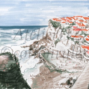 Portugal Sehenswürdigkeiten Poster | Azenhas do Mar Klippe Druck Kunstwerk | Farbstift Digitale Malerei | Wandkunst am Meer | Wohndekoration Download
