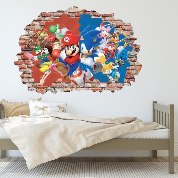 Sonic Vs Mario 3D Wall Sticker Mural Decal Smash Cornhole Room Kids Game Play Art Decor Vinyl Peel G-MS.01