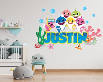 Personalized -Bright Colors-Baby Shark- Custom Name -Unisex-Wall Decal -Sticker for Bedroom Kids Art Decor Mural PN-SS.01